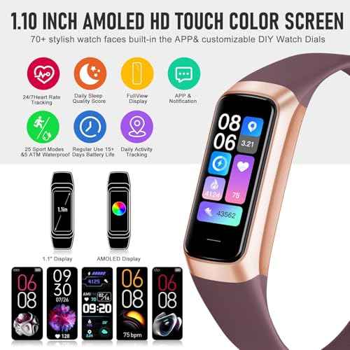 Fitness Tracker, 1.1" AMOLED Touch Screen Smart Watches, Step Counter with 24/7 Heart Rate Blood Pressure Sleep Monitor, Calorie Pedometer for Women Men