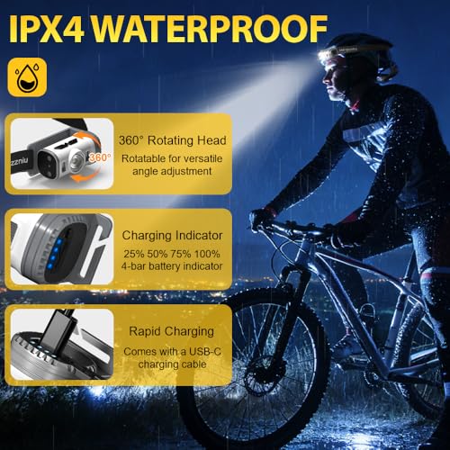 Rechargeable LED Headlamp with 8 Lighting Modes, IPX4 Waterproof, Lightweight for Outdoor Hiking Camping