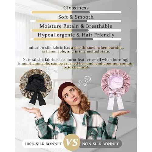 100% Mulberry Silk Bonnet for Sleeping Women Double Layer Silk Hair Bonnet Natural Sleep Cap with Elastic£¨Black + Leopard£©
