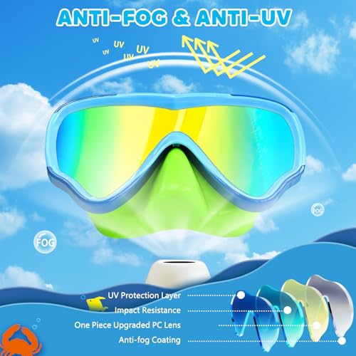 Kids Swim Goggles with Soft Fabric Strap & 3D No-Leak Nose Cover - Blue+Green