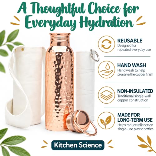 Pure Hammered Copper Water Bottle 34 oz with Handle & Canvas Sleeve