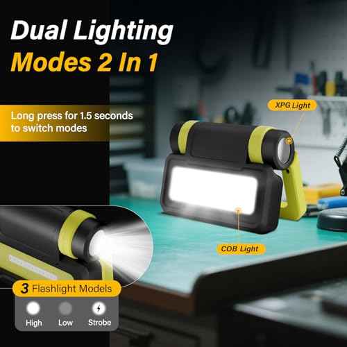 LED Work Light, Rechargeable Flashlight with COB Magnetic Lights, 1000LM Portable Light, 200¡ÆFoldable, 5+3 Modes, Waterproof Handheld Flashlights for Camping, Home, Car Repair, Emergency, Fishing