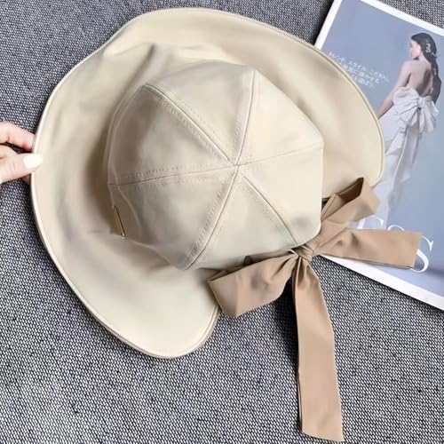 Beige Foldable Wide Brim Sun Hat for Women with Ponytail Hole - UV Protection & Bowknot