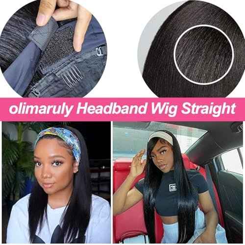 12 Inch Short Straight Headband Bob Wigs Glueless Headband Wig Human Hair Short Straight half wigs for Black Women 180% Density No Lace Headband Wig Natural Color Easy Put On