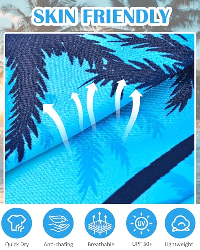 Boys Swim Trunks with Compression Liner Quick Dry Beach Swimwear - Blue Coconut Tree 10-12 Years
