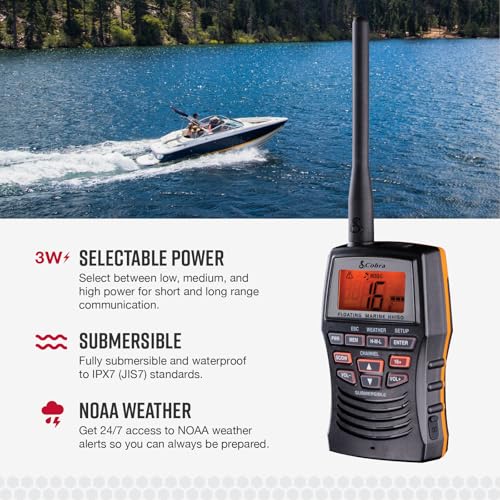 Cobra VHF Marine Radio - MR HH150 FLT - 3 Watt, Floating, Long Range, Handheld, NOAA, International, Waterproof, Submersible, Weather Alerts, LCD Screen, Belt Clip