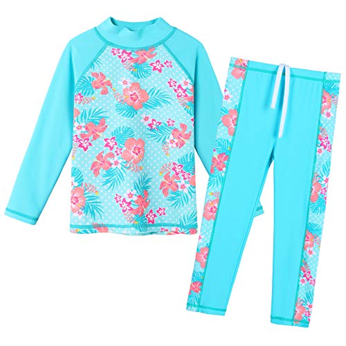 Girls Two Piece Swimsuit with Long Sleeve Rash Guard 5-6 Years Cyan Flower