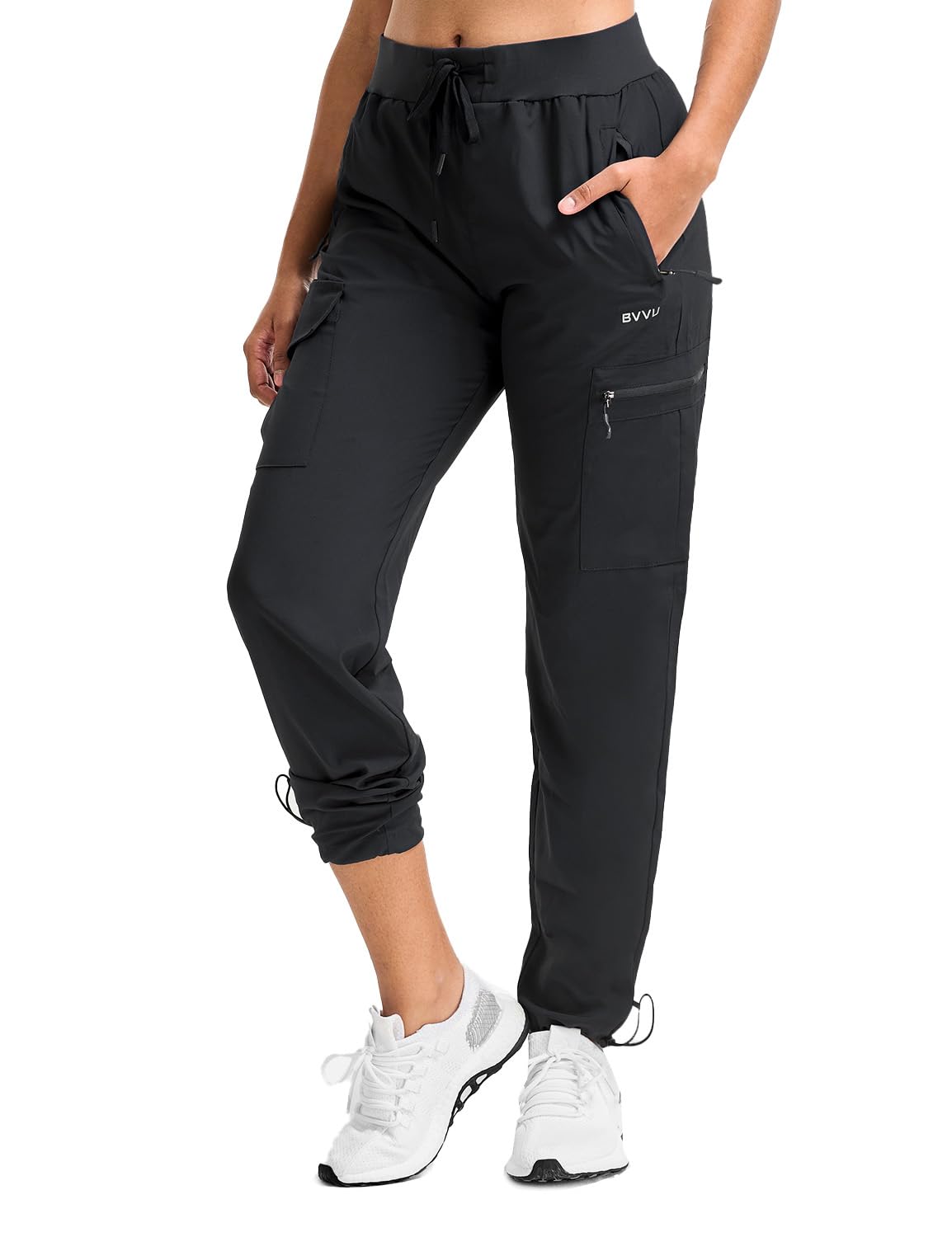 BVVU Women's Hiking Pants Lightweight Quick Dry Travel Outdoor Pants Waterproof Work Cargo Joggers with Zipper Pockets Black