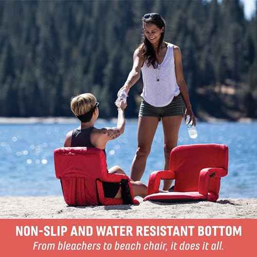 PICNIC TIME Ventura Portable Reclining Stadium Seat with Back Support, Folding Bleacher Chairs with Back and Cushion, Thick Padded Stadium Seat and Armrest and Six Backrest Positions, (Heathered Gray)