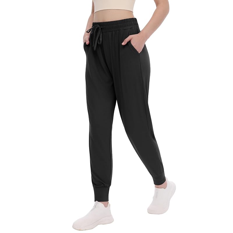 TNNZEET Women's Joggers with Pockets, High Waist, Drawstring - Black, 27" Inseam, XX-Large