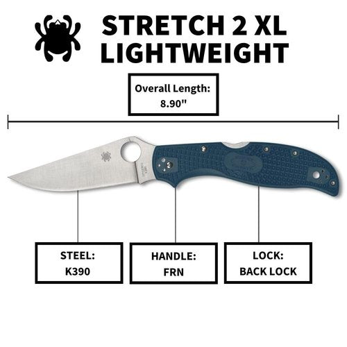Spyderco Stretch 2 XL Lightweight Folding Pocket Knife with K390 Stainless Steel Blade and Blue FRN Handle - PlainEdge - C258FPK390