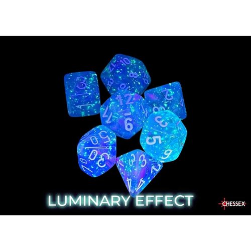 Aura Nebula Luminary Dice with White Numbers 16mm (5/8in) Set of 7 Chessex