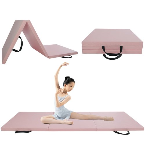 Wansenya Folding Tri-fold Gymnastics Mat,6 FT x 2 FT PU Leather Tumbling Mat with Carrying Handles,Waterproof Exercise Mat for Stretching Yoga Cheerleading Martial Arts,Pink