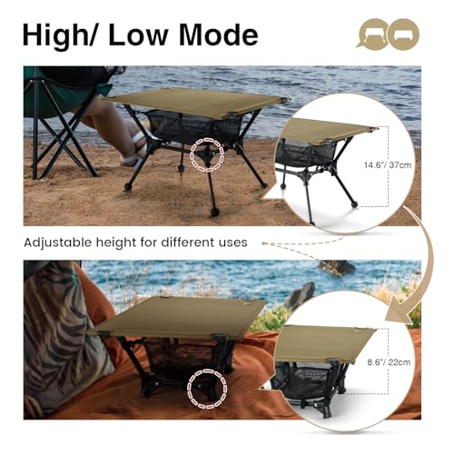 ONETIGRIS Coyote Brown Camping Dipper Table with Storage Net, Lightweight & Portable