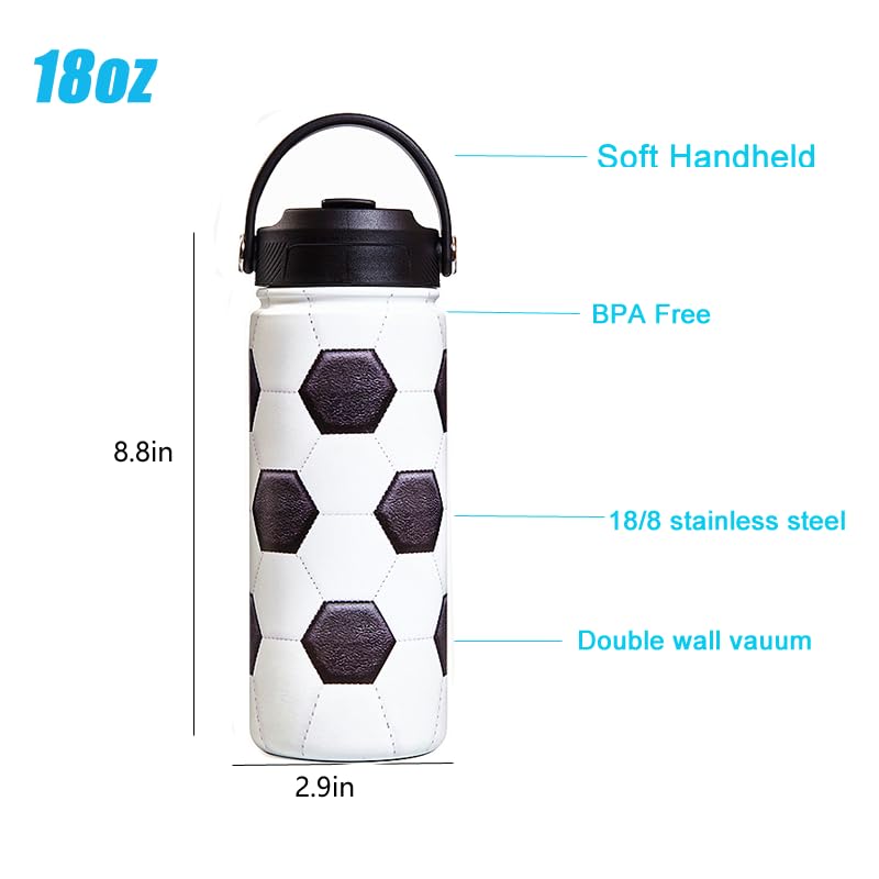 Kids Insulated Soccer Water Bottle - 18 Oz Leakproof Stainless Steel Sport Drink