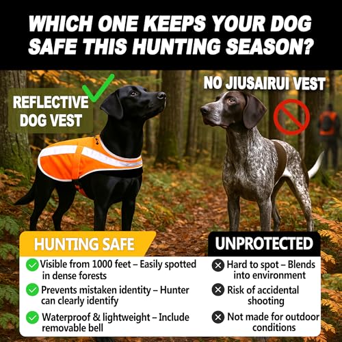 Reflective Dog Hunting Vest - Blaze Orange Safety Vest with Removable Bell, Waterproof, Lightweight (Size L)
