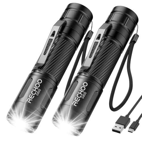 RECHOO Flashlight Rechargeable 2 Pack, 500 Lumens, 3 Lighting Modes & Zoomable, Small Tactical Torch Light for EDC and Emergency, Water Resistant, Duable, Included Pocket Clip & Lanyard