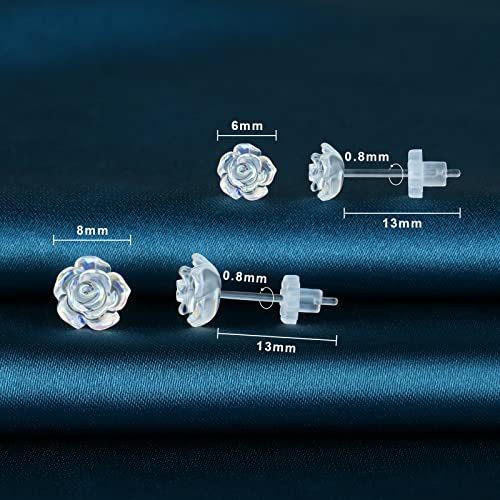 Plastic Post Earrings for Sensitive Ears 2 Pairs Clear Rose Non-Metal Studs