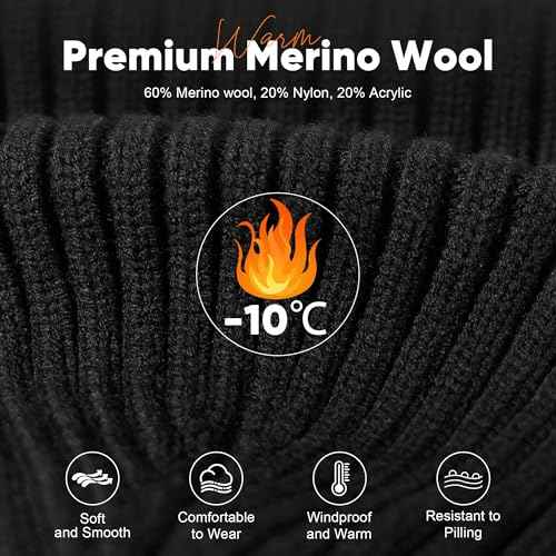 Merino Wool Beanie Hat for Men Women - Thermal Knitted Winter Hat for Large Heads Hiking Running Cap Wrap for Cold Weather