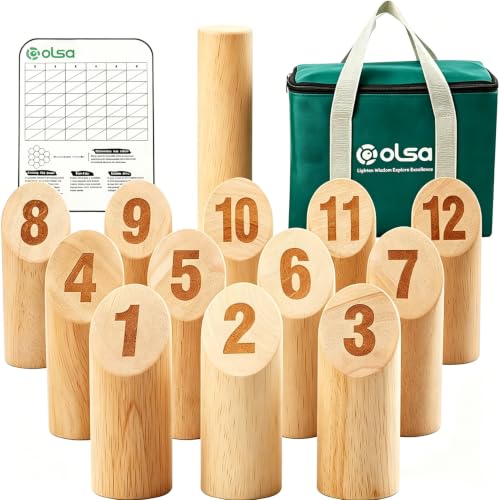 Outdoor Yard Tossing Game Set with 12 Wooden Pins and Dowel - Family Lawn Game
