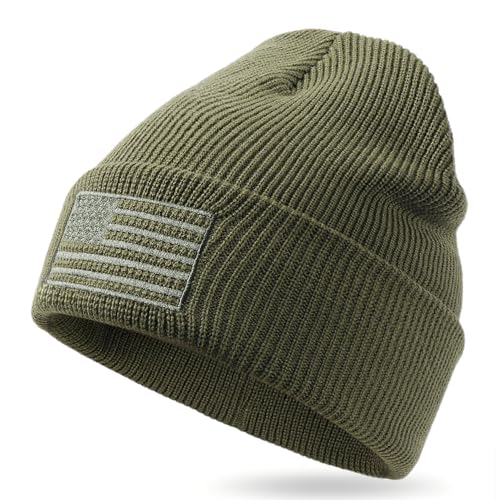 OUTDOOR SHAPING American Flag Embroidered Knit Cuffed Beanie for Men Women Tactical Winter Warm Hat