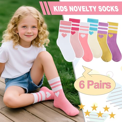 Kids Girls Athletic Sport Socks 9-15 Years Heart Design 6 Pairs Breathable Cotton Crew Socks
