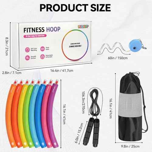Weighted Exercise Hoop for Adults, 2.2lb&2.8lb Adjustable Fitness Hoop, 8 Detachable Hoop Sections with Jump Rope & Storage Bag, Home Gym Workout