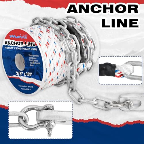 3/8 Inch x 100 Ft Nylon Anchor Line with 1/4 Inch Galvanized Chain - Marine Rope