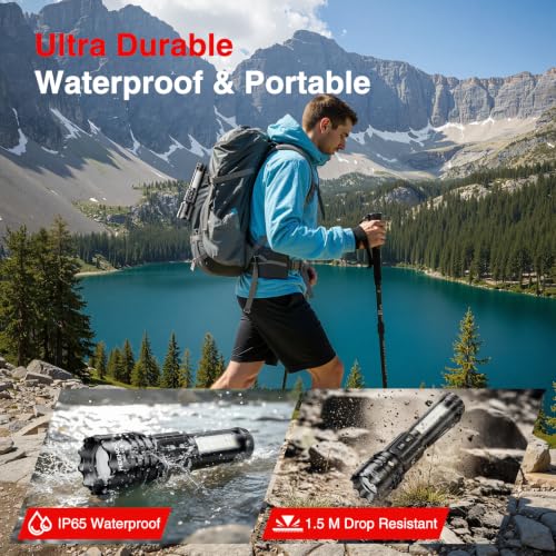Rechargeable LED Flashlight 3600 Lumens, Dual Light, LCD Display, IP65 Waterproof