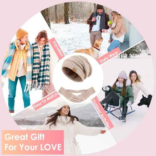 Women's Beanie Hat Gloves Set, Fleece Lined Winter Hat with Touchscreen Gloves for Cold Weather