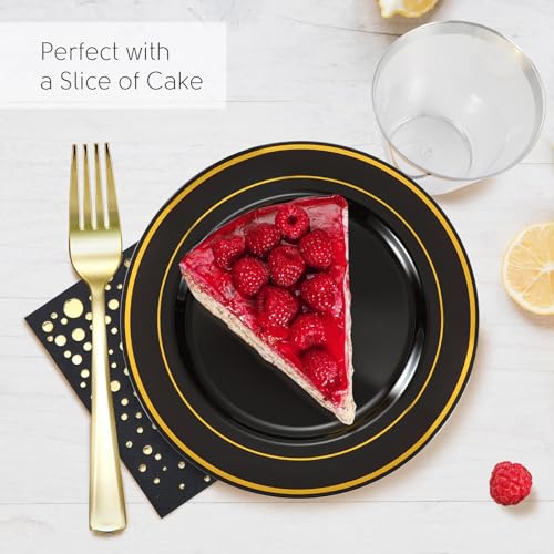 Black and Gold Dessert Plates Set with Cups, Forks, Napkins - 100 Pack - Variation: Black