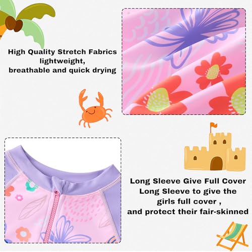 Girls Long Sleeve Rash Guard One‑Piece Bathing Suit - Pink Sunflower, 6 Years