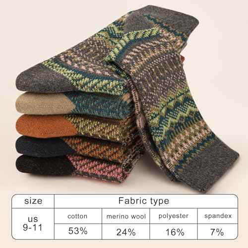 Womens Socks 5 Pairs Warm Merino Wool Socks for Women Thermal Boot Crew Lightweight Gifts Size 9-11