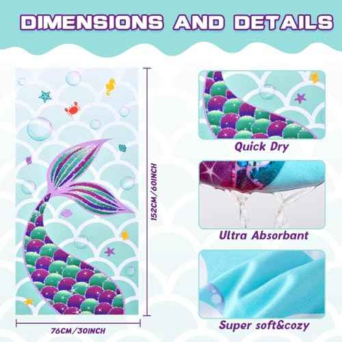 WERNNSAI Mermaid Kids Beach Towel for Girls - 30¡± x 60¡± Mermaid Sand Free Swim Towels for Girls Bath Pool Camping Travel Towel Quick Dry Ultra Absorbent Super Soft Beach Blanket Bath Shower Towel