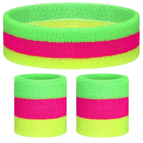 Neon Sweatbands Set - 3 Pack Neon Headband and Wristbands, Mixing Colors