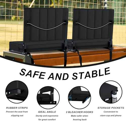 Stadium Seat for Bleachers with Back Support and Cushion, Bleacher Seats with Shoulder Strap and Cup Holder, Padded Portable Folding Comfort Stadium Chair, for Sports Events, Black (1pcs)
