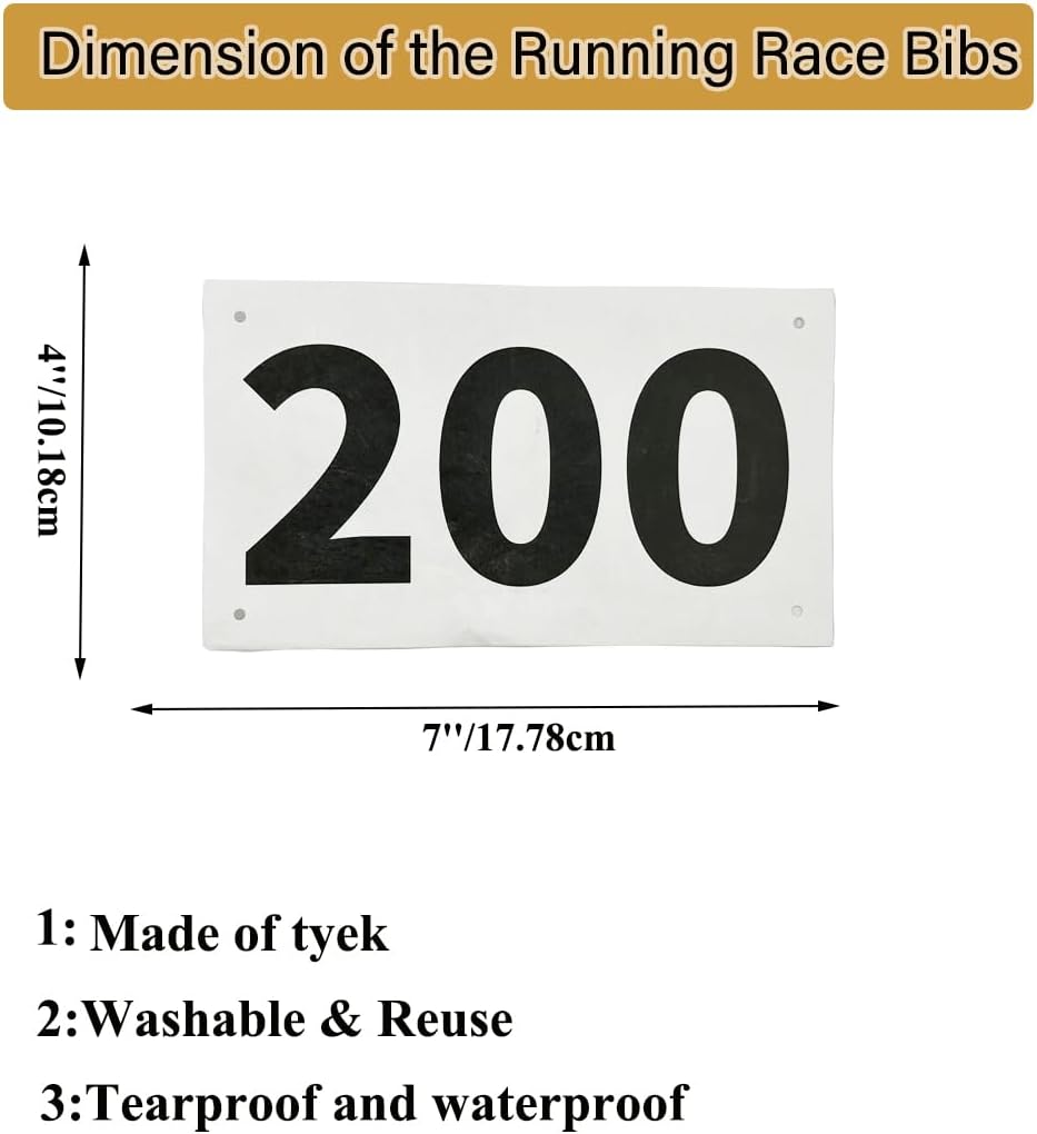 1-200 Running Race Bibs Large Numbers with Safety Pins for Marathon Race Events- Tyvek Tearproof Waterproof