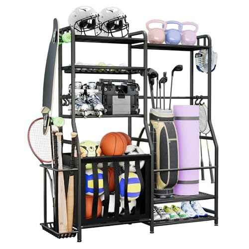 Garage Sports Equipment Organizer, Golf Bag Storage Rack, Heavy Duty Ball Holder with Basket & Hooks, Indoor/Outdoor Basketball Storage Bins for Toy Sports Gear Storage