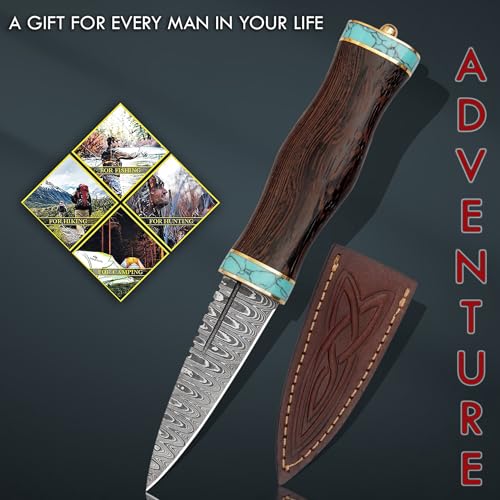 Scottish Dirk Knife Handmade Damascus Steel Wenge Wood & Turquoise Handle with Leather Sheath - Custom Craft
