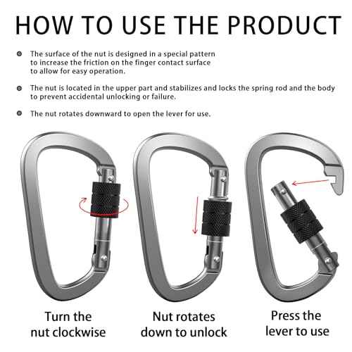 Premium Aluminum D Ring 4" Locking Carabiner Clips with Screw Gate, Set of 4, Lightweight & Durable for Hiking, Camping, Hammock, Dog Leash Harness, Keychains
