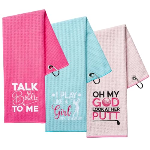 3-Pack Pink, Rose & Blue Golf Towels for Women - Microfiber, Embroidered, Golf Bag Accessories