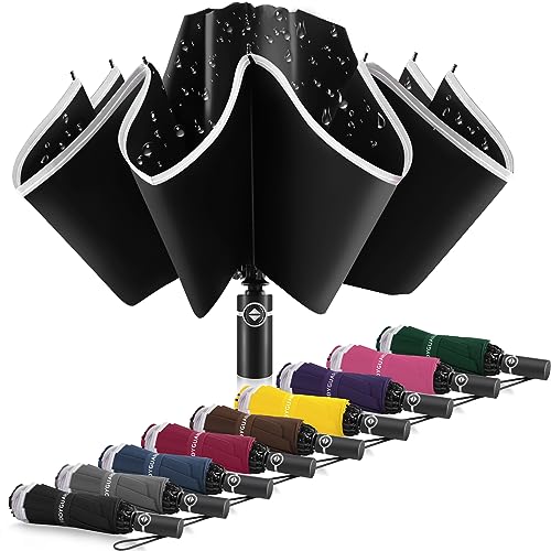 Large Windproof Inverted Umbrella with Reflective Stripe - Travel Folding Rain Sun Cover for Women Men - 46 Inch Black