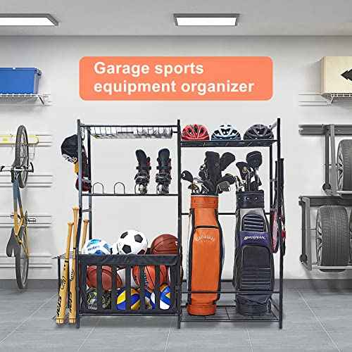 WALMANN Garage Sports Equipment Organizer, Golf Bag Stand for Garage Ball Storage Rack Indoor/Outdoor Kids Toys Storage Organizer Bins, Ball Holder with Baskets