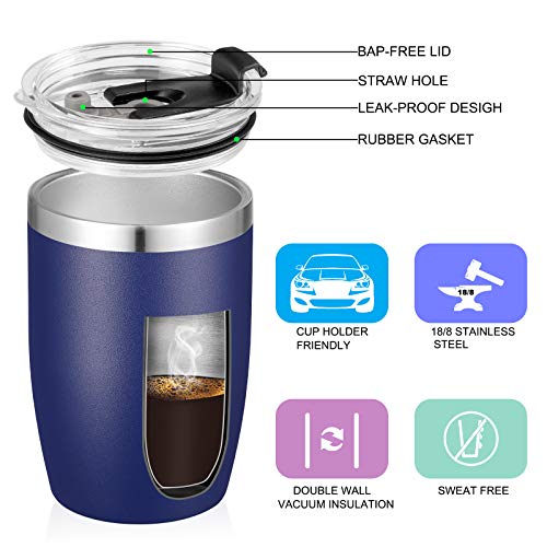 Navy Blue 12 oz Stainless Steel Travel Tumbler with Lid & Straw - Reusable Double Wall Insulated Kids Mug