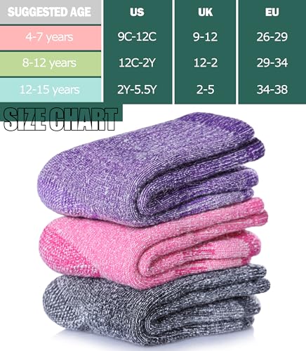Kids Merino Wool Thermal Socks 8-12 Years Winter Warm Thick Cushioned Snowboarding Socks - Purple/Pink/Gray