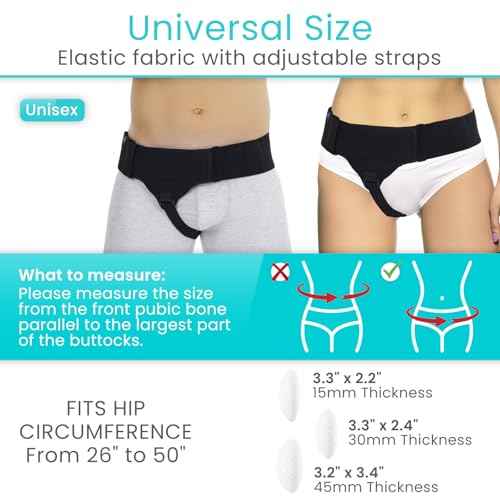 Vive Inguinal Hernia Belt for Men & Women - Left or Right Groin Support Truss for Targeted Compression, Pain Relief, Comfort, Pre & Post Surgery, Injury Recovery - 3 Removable Pressure Pads and Splint (Black)