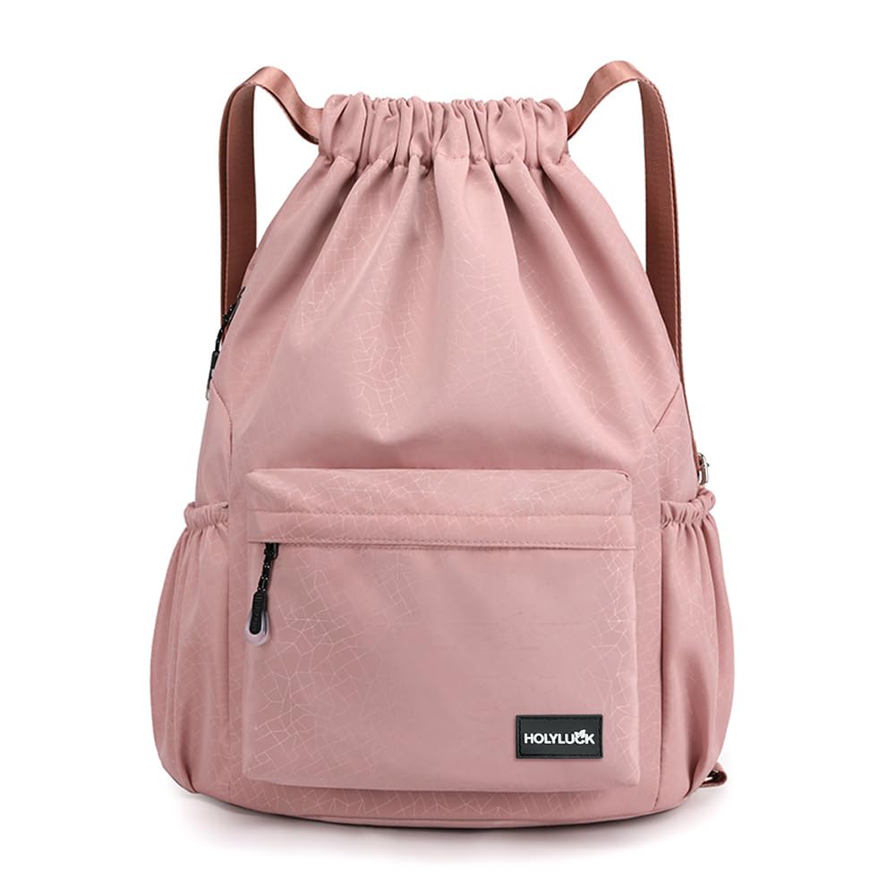 HOLYLUCK Drawstring Backpack Sports Gym Bag Water Resistant String Bag Cinch Sackpack with Side Zipper Pocket for Shopping Sport Yoga -pink