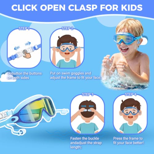 Kids Swimming Goggles Set 3 Pack with Earplugs Anti-Fog UV Wide View - Green, Blue, Purple SG003
