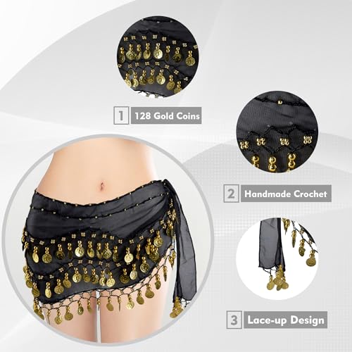 Black Belly Dance Hip Scarf with 128 Gold Coins for Women - MOLFUJ