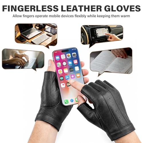 Large Breathable Leather Fingerless Gloves for Men & Women - Driving, Cycling, Motorcycle